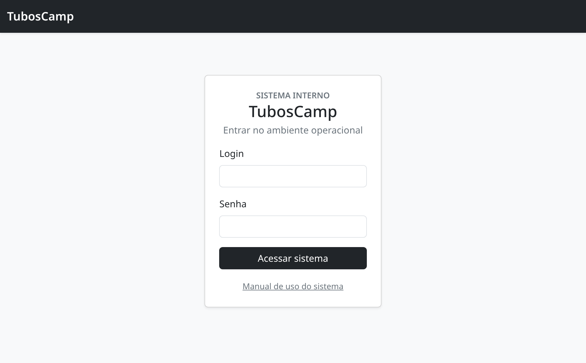 Tela de login do TubosCamp, com os campos Login e Senha