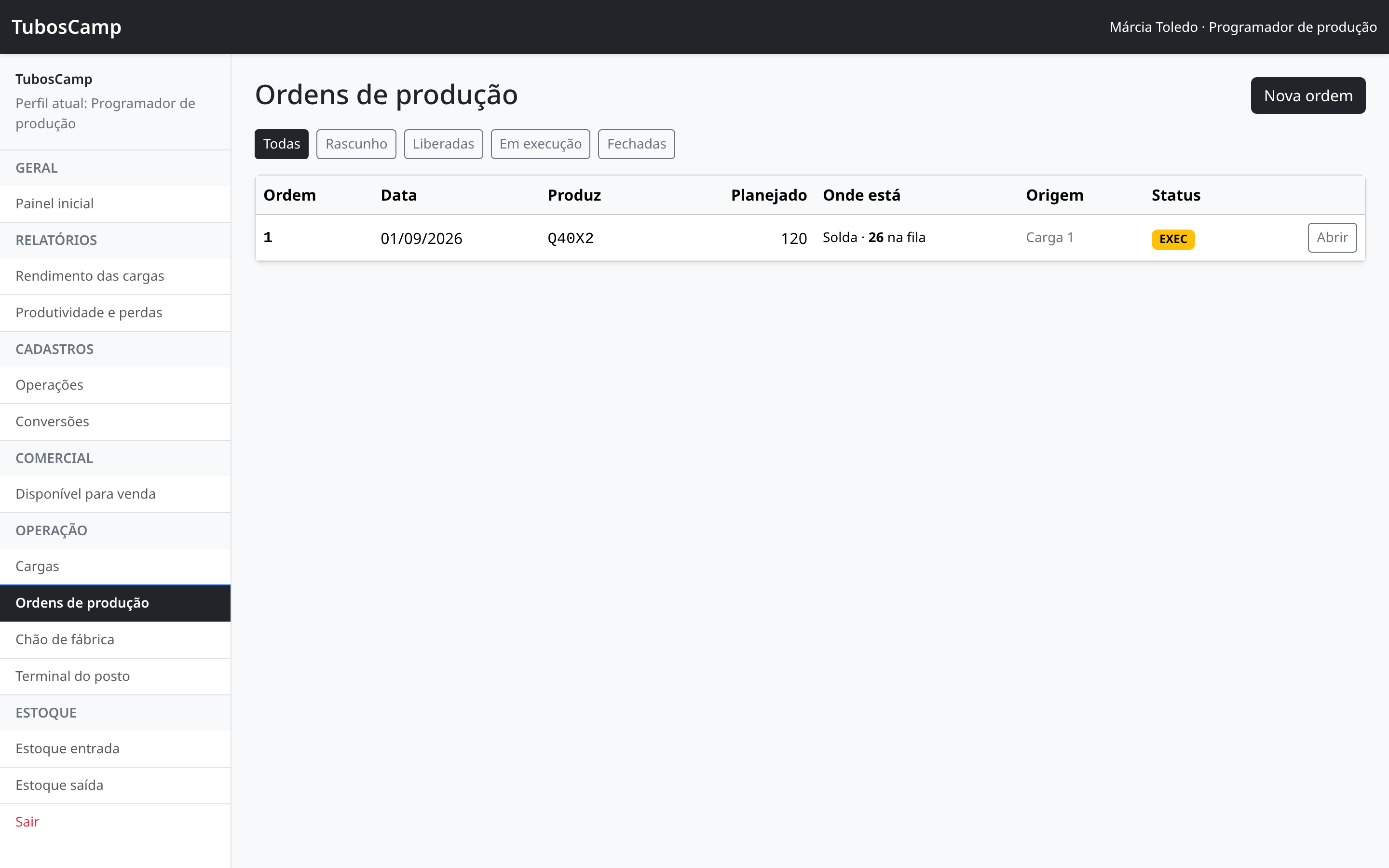 Lista de ordens de produção com filtros por status