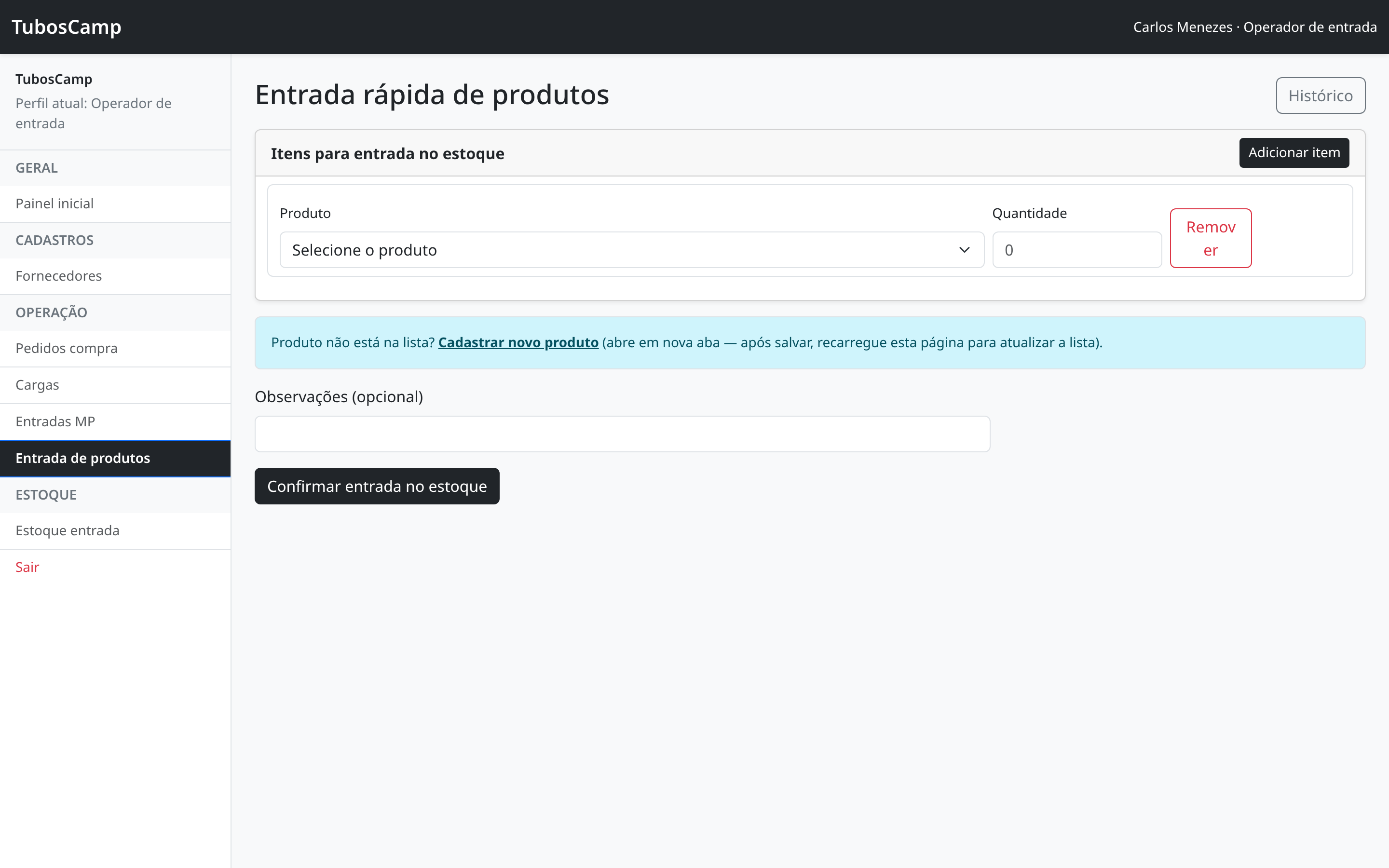 Tela de entrada rápida de produtos, com atalho, produto e quantidade