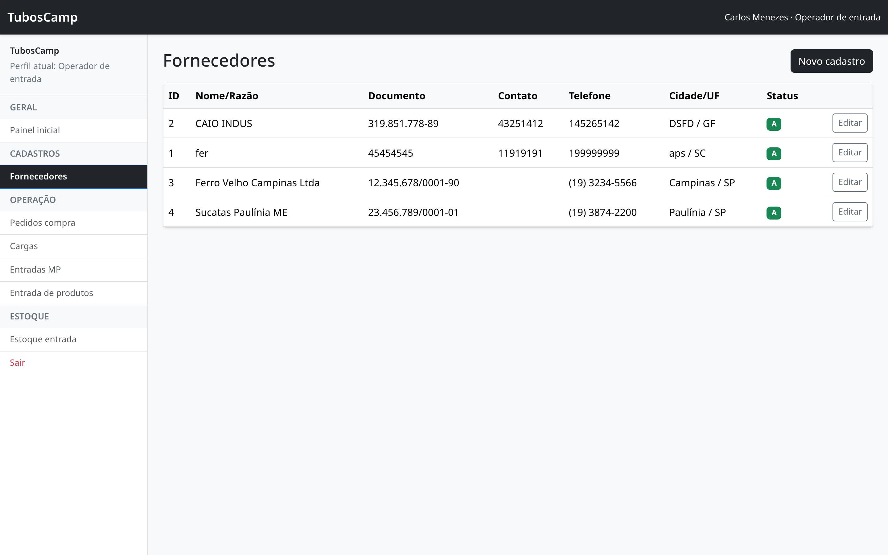 Lista de fornecedores cadastrados