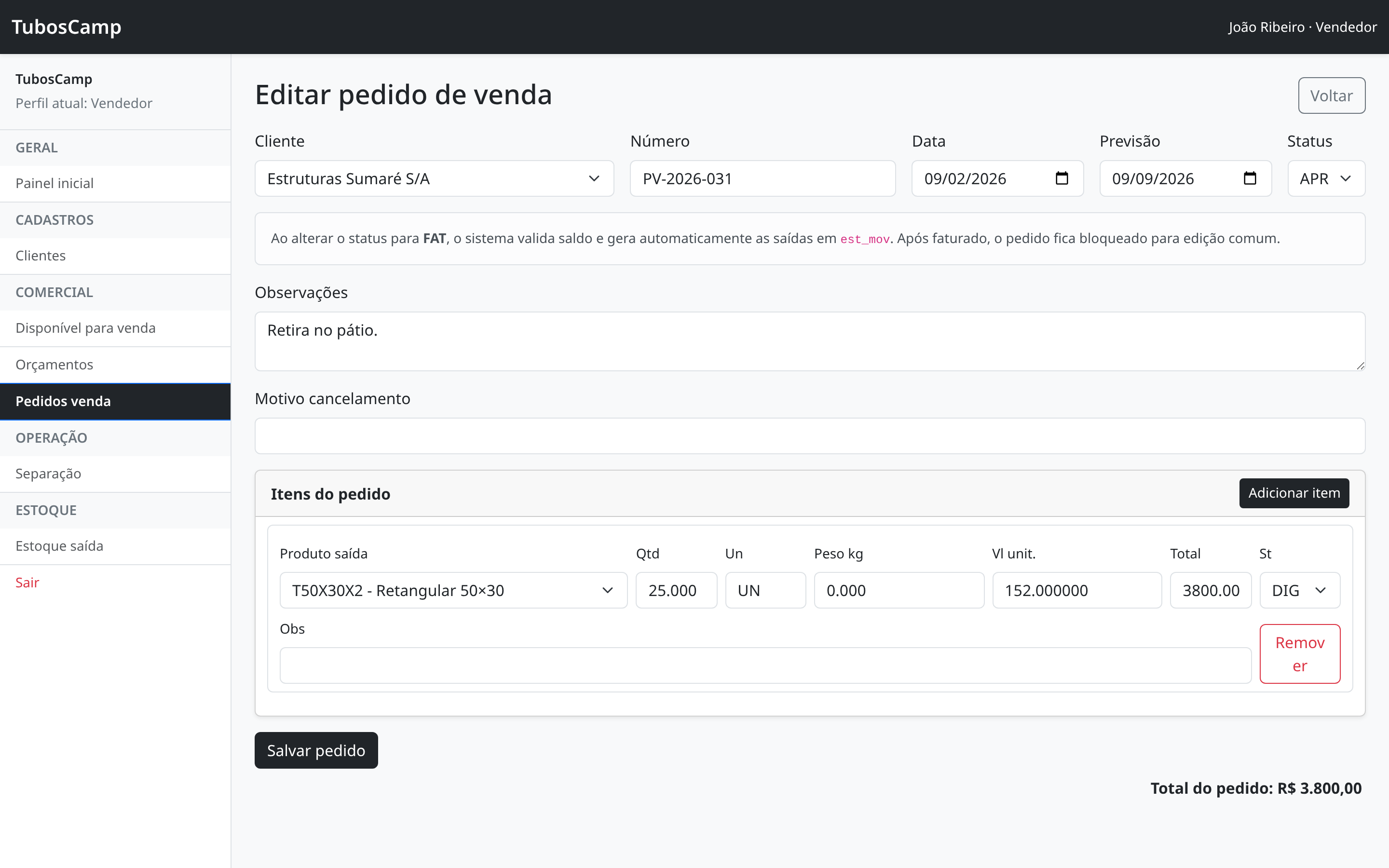 Pedido de venda PV-2026-031 aprovado, com um item de 25 peças
