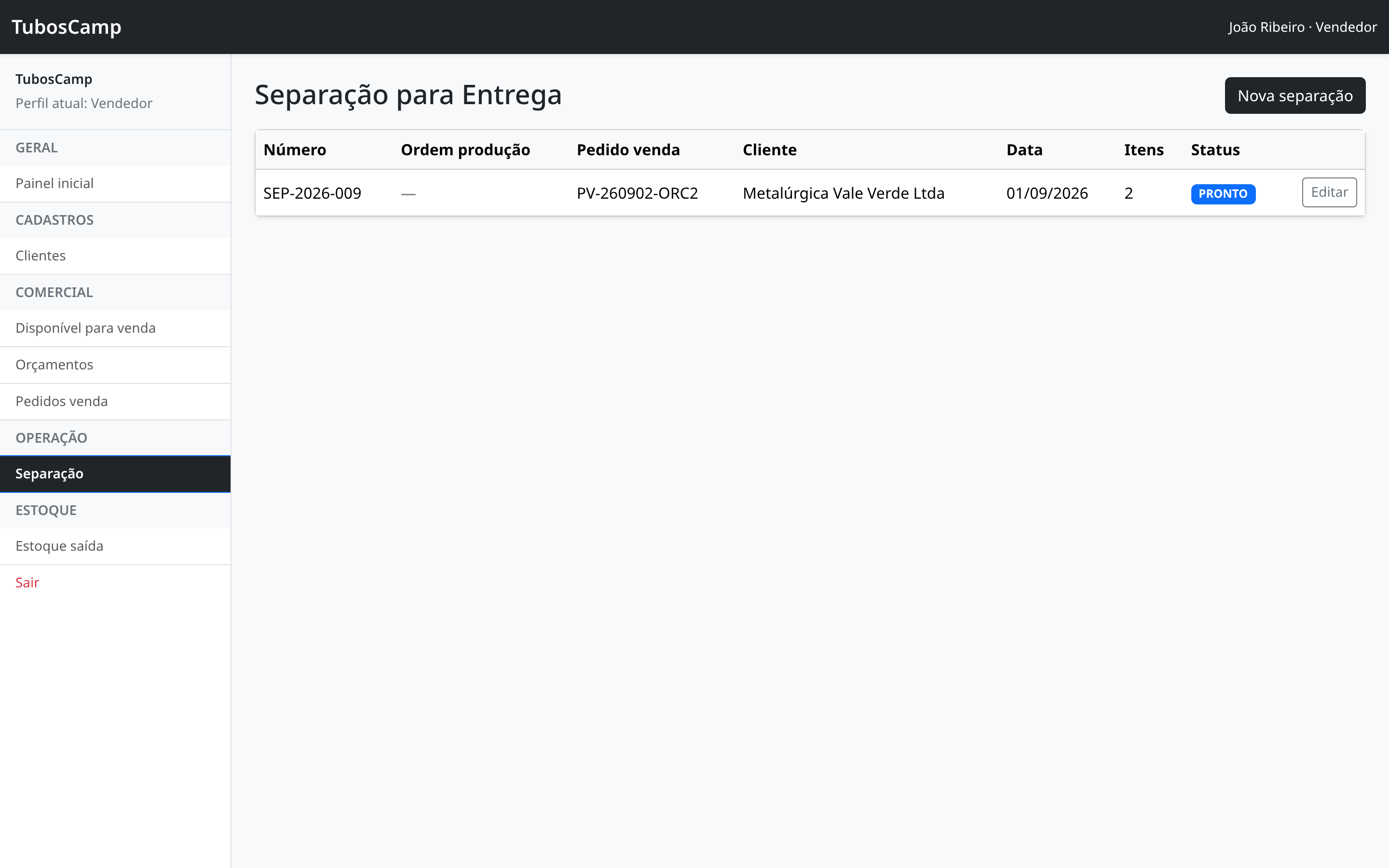 Lista de separações com status
